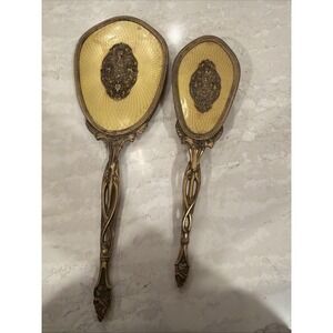 Antique Victorian Gilt Brass Vanity Set Mirror & Brush Matching Guilloché c.1900